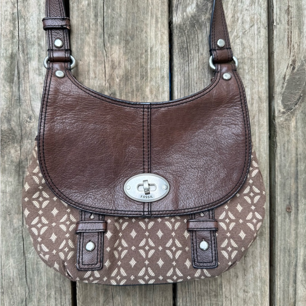Fossil Maddox Turn Lock Brown Leather & Fabric Crossbody Bag